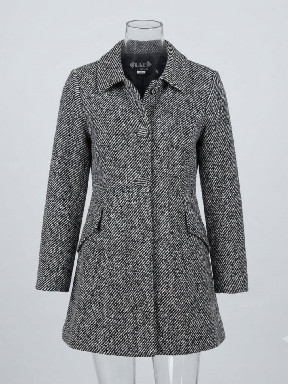 Live a Little Black White Tweed Wool Blend Trench Coat Small, retro winter coat